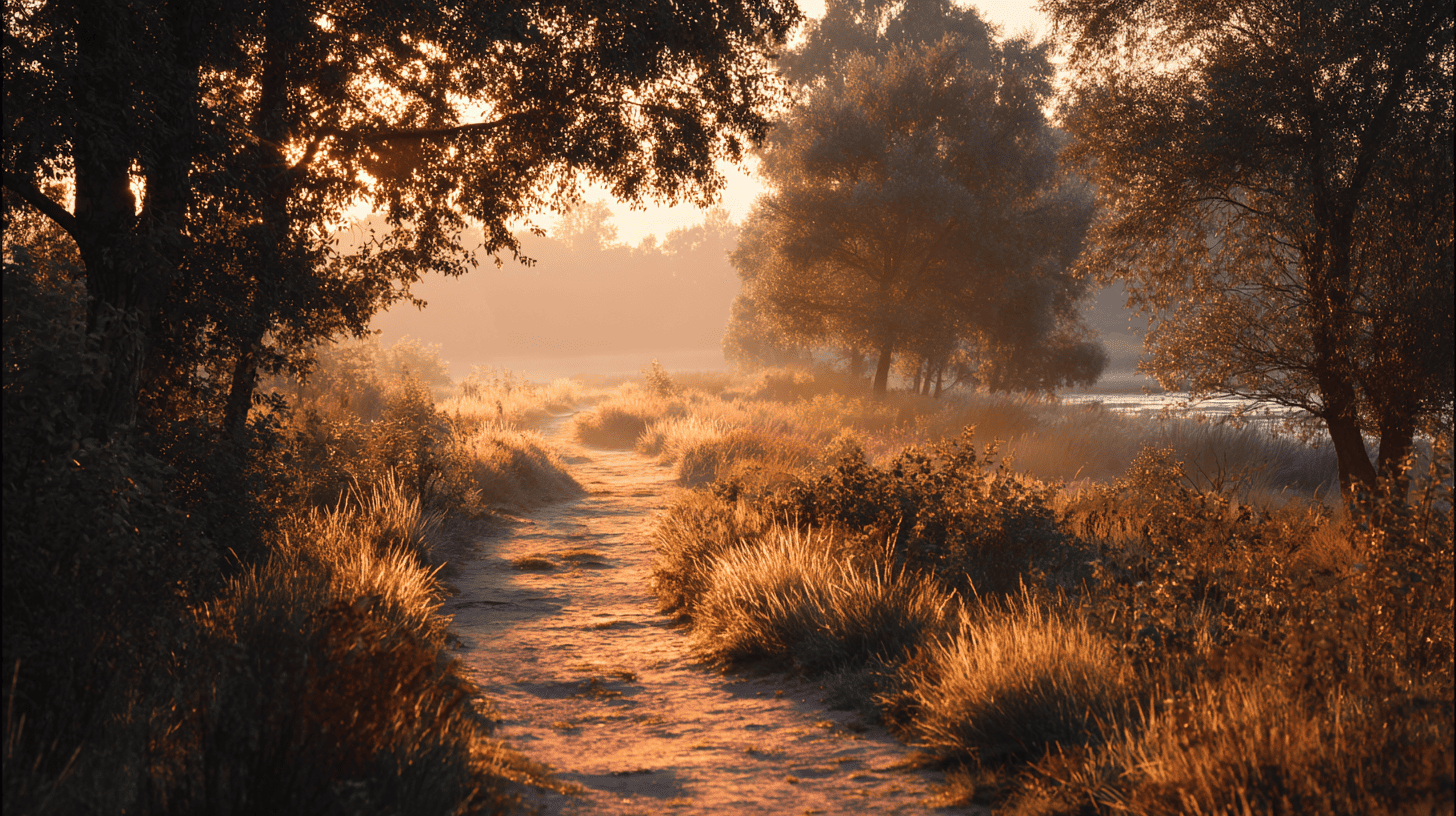 Peaceful nature path at sunrise