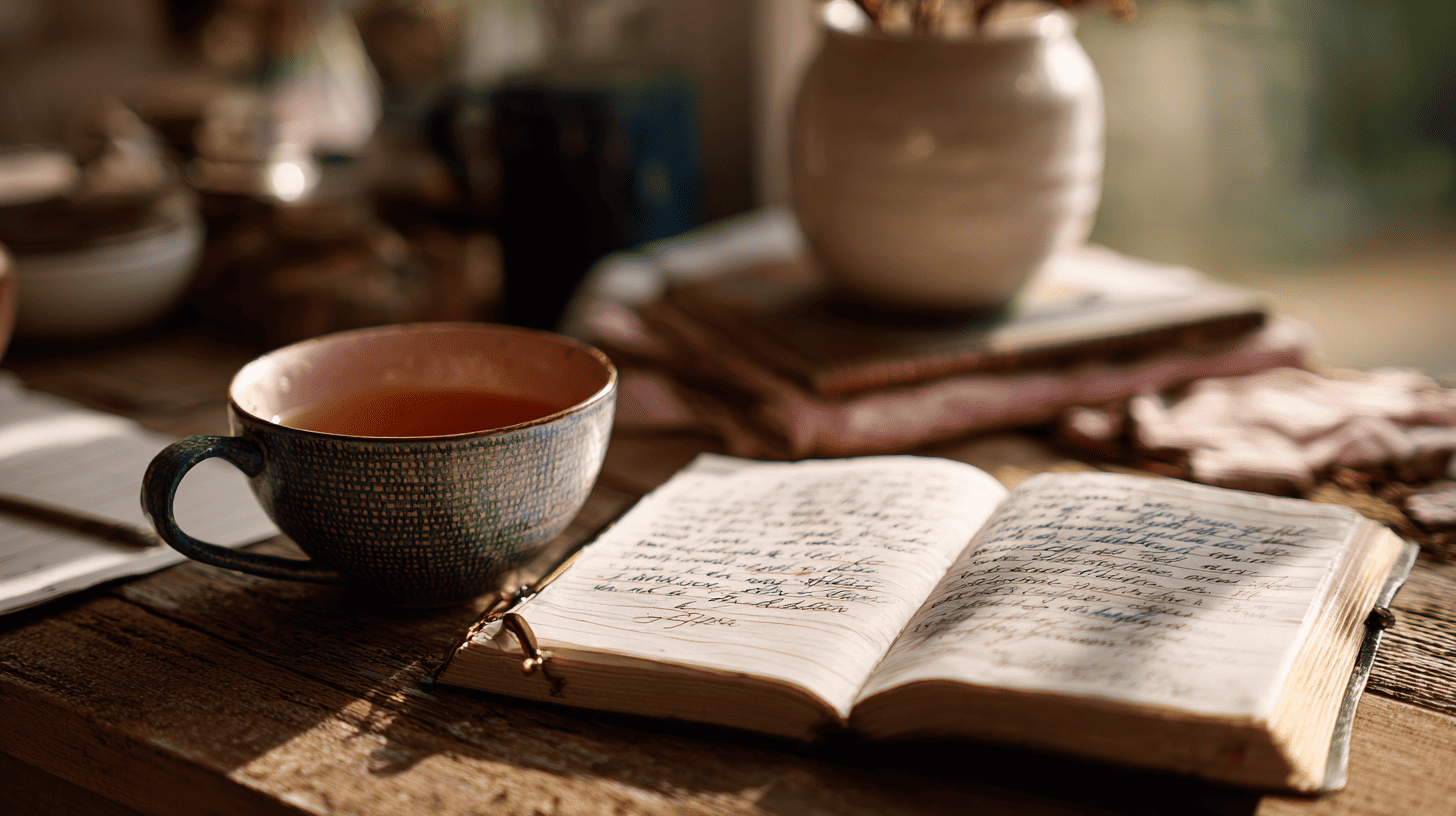 Notebook with handwritten prayer and cup of tea