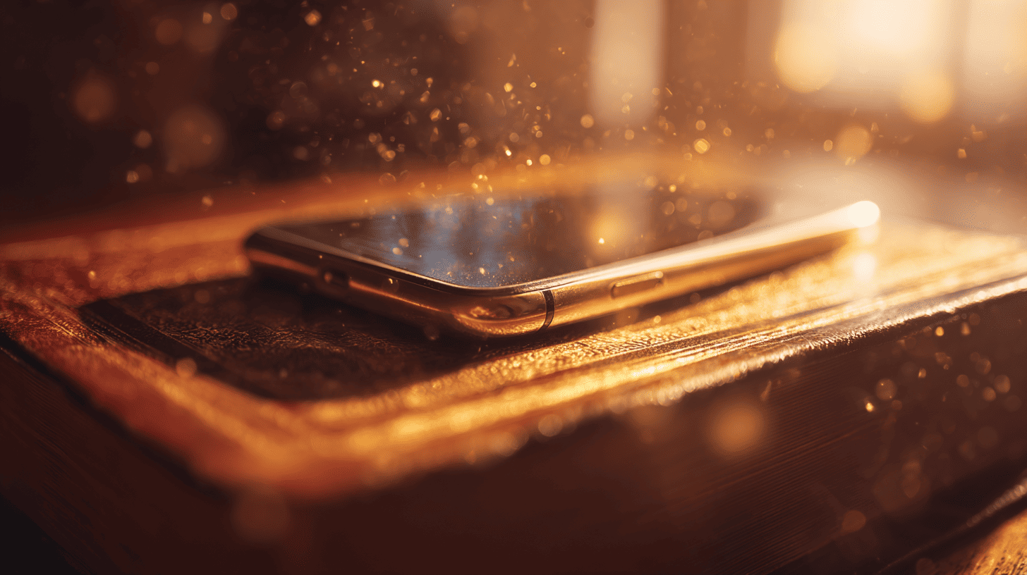 Phone on a Bible with divine light above