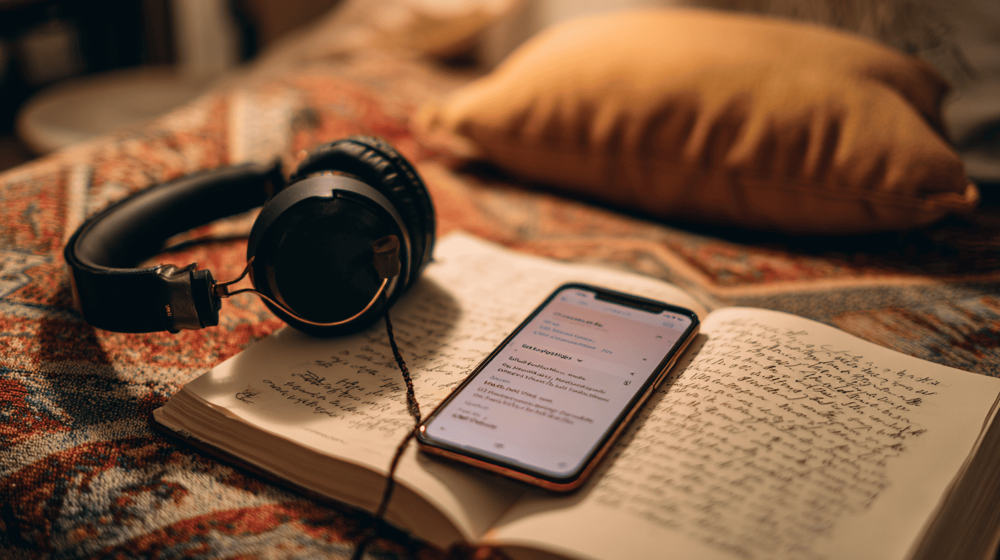Peaceful prayer journal and headphones beside phone