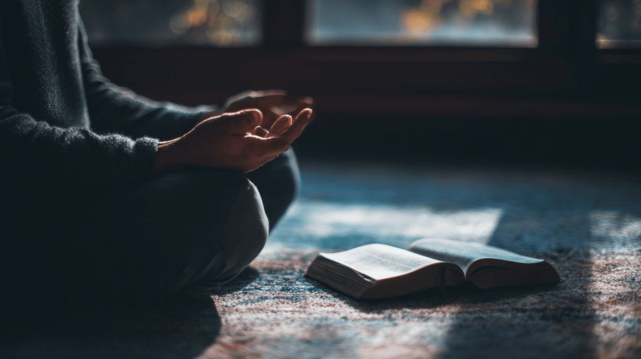 Person sitting in stillness with Bible and hands open